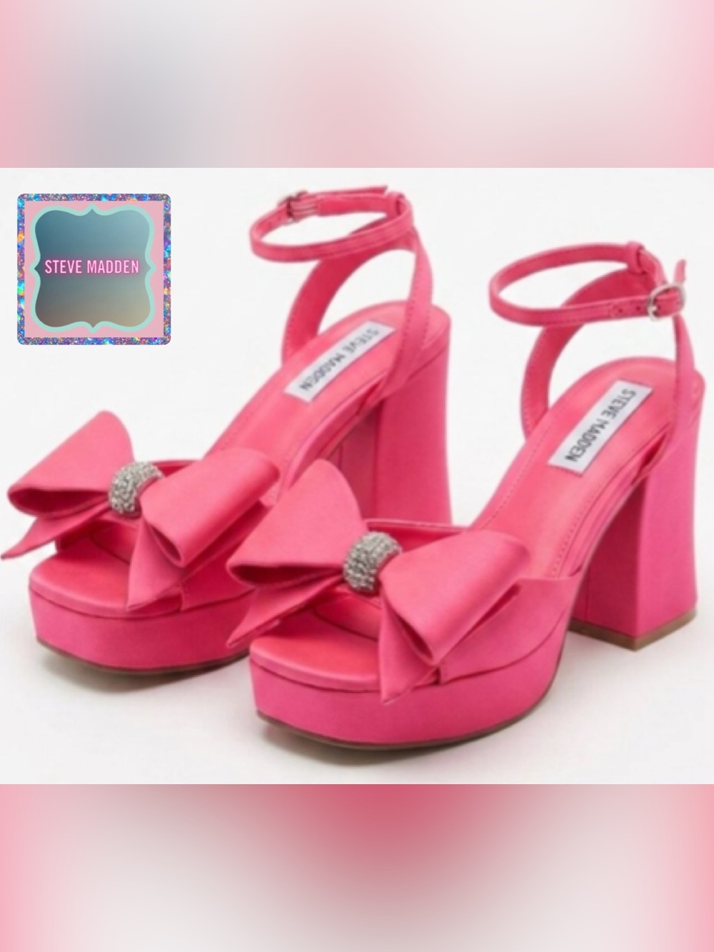 NIB Steve Madden Aerin Satin Platform Heels Rhinestone Bow Pink Sz 8 Barbiecore